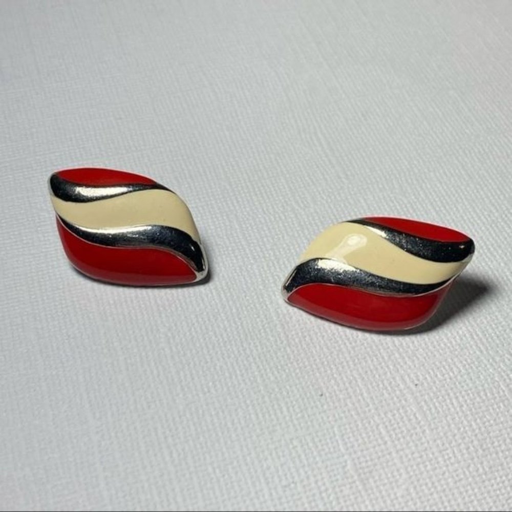 Vintage Red And White?Enamelled Stud Earrings With Silver Tone Accents
